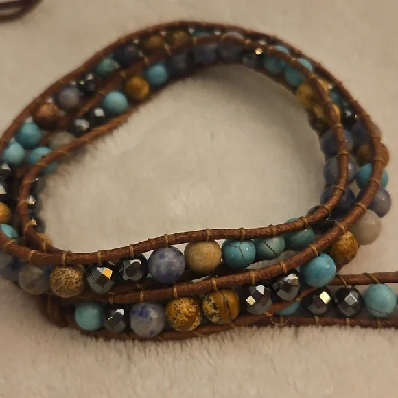 Bohemian Multi-Color Gemstone Beaded Leather Adjustable Wrap Bracelet - Picture 3 of 7